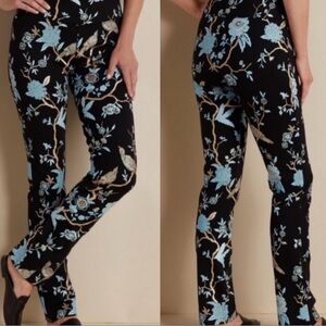 Soft Surroundings Black Pants with Blue Floral Embroidery
